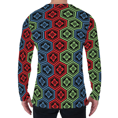 Colorful Japanese Flower Pattern Print Men's Long Sleeve T-Shirt