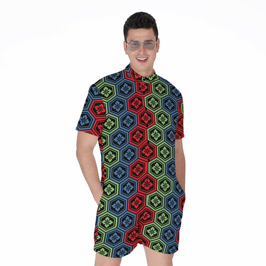 Colorful Japanese Flower Pattern Print Men's Rompers