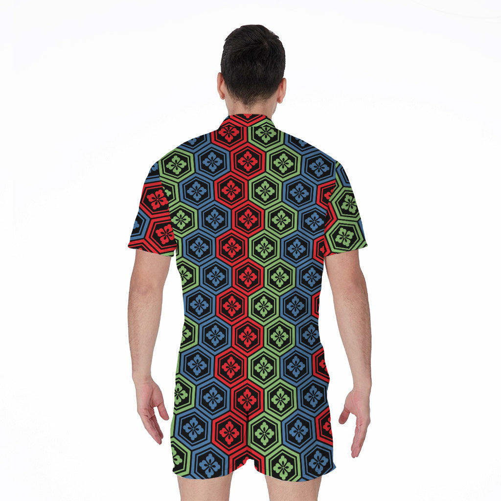 Colorful Japanese Flower Pattern Print Men's Rompers
