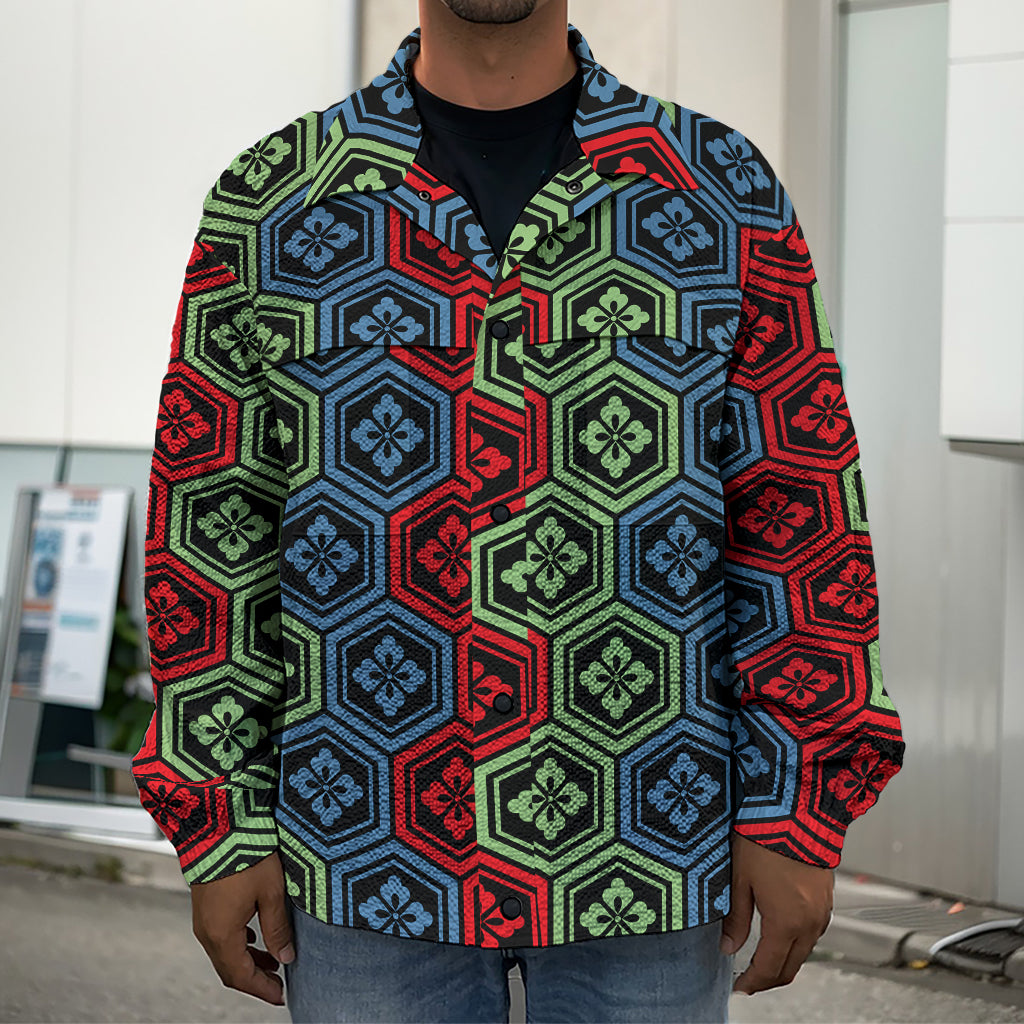 Colorful Japanese Flower Pattern Print Men's Shirt Jacket