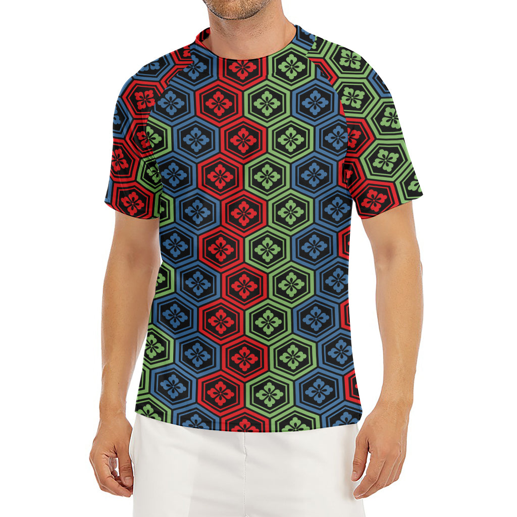 Colorful Japanese Flower Pattern Print Men's Short Sleeve Rash Guard