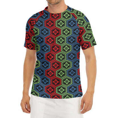 Colorful Japanese Flower Pattern Print Men's Short Sleeve Rash Guard