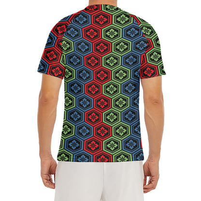 Colorful Japanese Flower Pattern Print Men's Short Sleeve Rash Guard