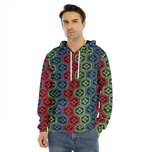 Colorful Japanese Flower Pattern Print Men's Velvet Pullover Hoodie