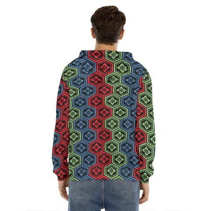 Colorful Japanese Flower Pattern Print Men's Velvet Pullover Hoodie