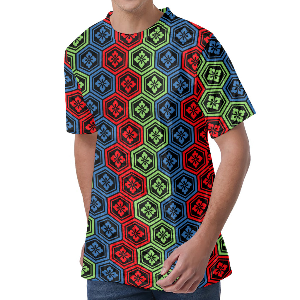 Colorful Japanese Flower Pattern Print Men's Velvet T-Shirt