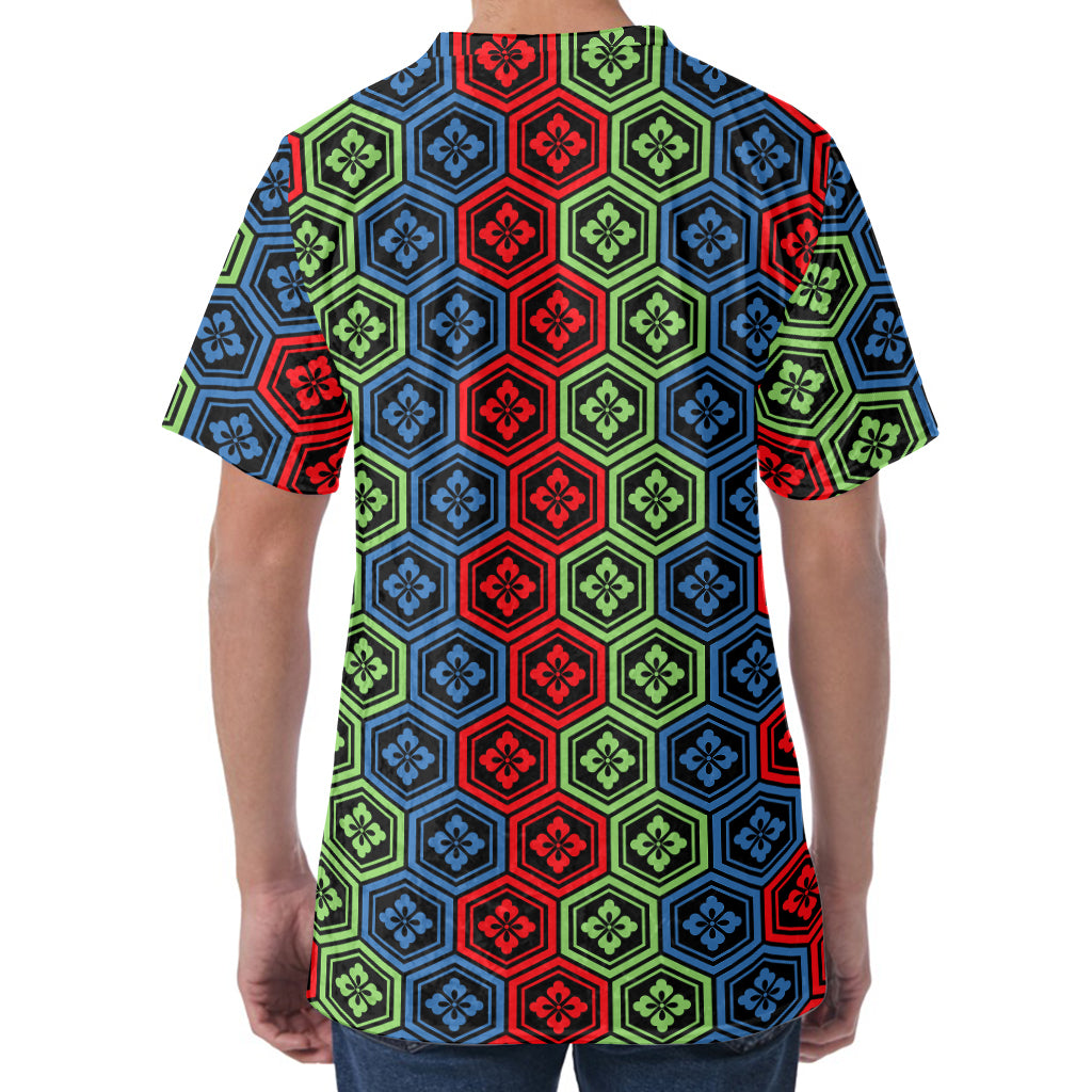 Colorful Japanese Flower Pattern Print Men's Velvet T-Shirt