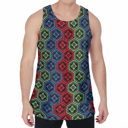Colorful Japanese Flower Pattern Print Men's Velvet Tank Top