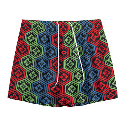 Colorful Japanese Flower Pattern Print Mesh Shorts