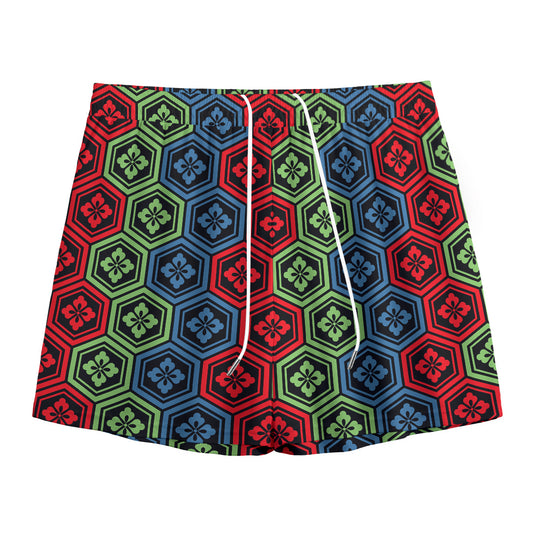 Colorful Japanese Flower Pattern Print Mesh Shorts