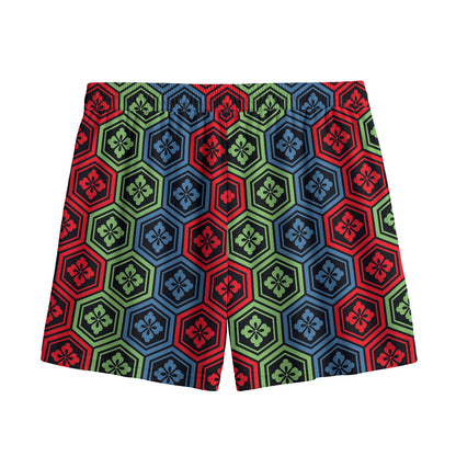 Colorful Japanese Flower Pattern Print Mesh Shorts