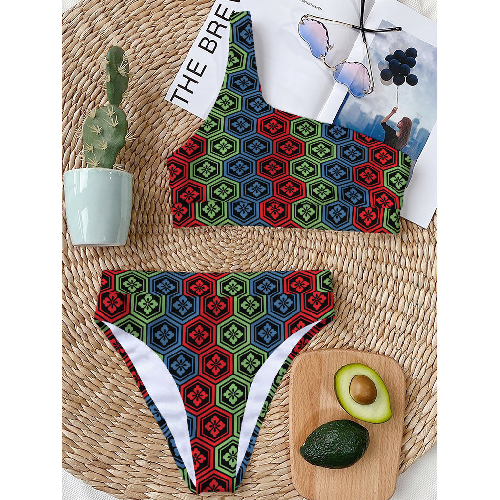 Colorful Japanese Flower Pattern Print One Shoulder Bikini Top