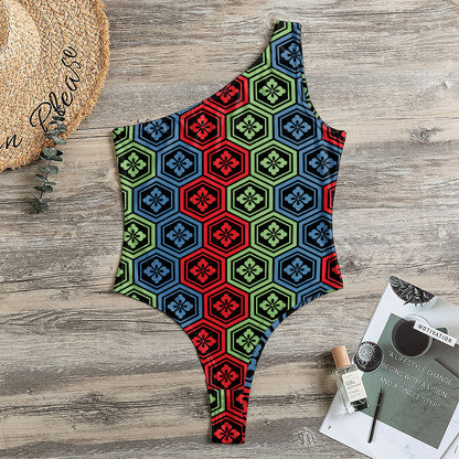 Colorful Japanese Flower Pattern Print One Shoulder Bodysuit