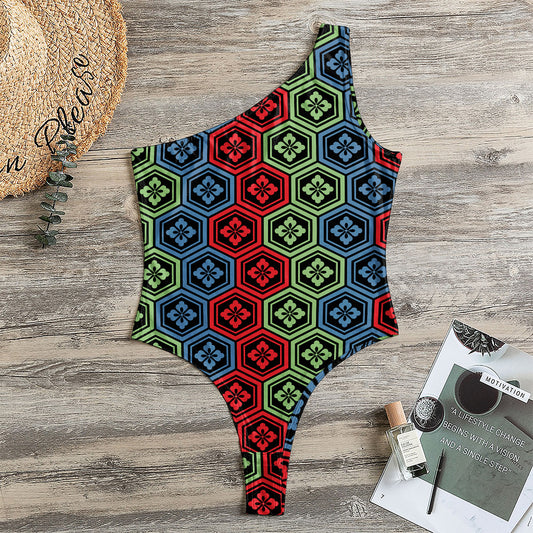 Colorful Japanese Flower Pattern Print One Shoulder Bodysuit