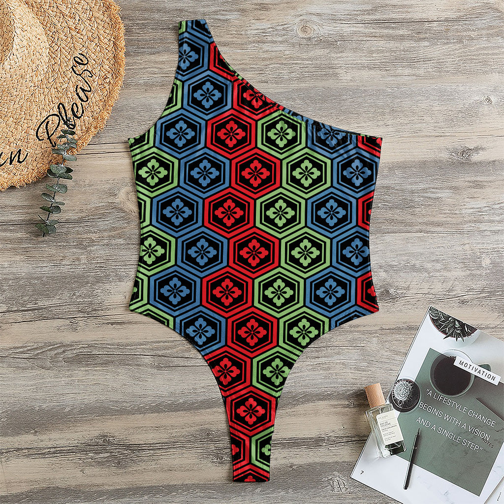 Colorful Japanese Flower Pattern Print One Shoulder Bodysuit