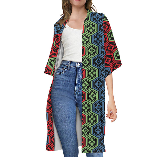 Colorful Japanese Flower Pattern Print Open Front Beach Cover Up