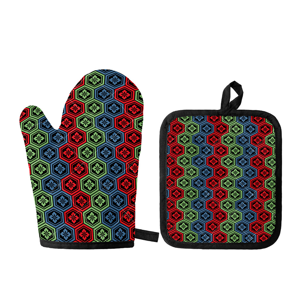 Colorful Japanese Flower Pattern Print Oven Mitt And Pot Holder Set