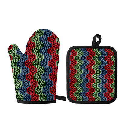 Colorful Japanese Flower Pattern Print Oven Mitt And Pot Holder Set
