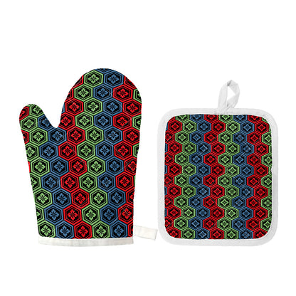 Colorful Japanese Flower Pattern Print Oven Mitt And Pot Holder Set
