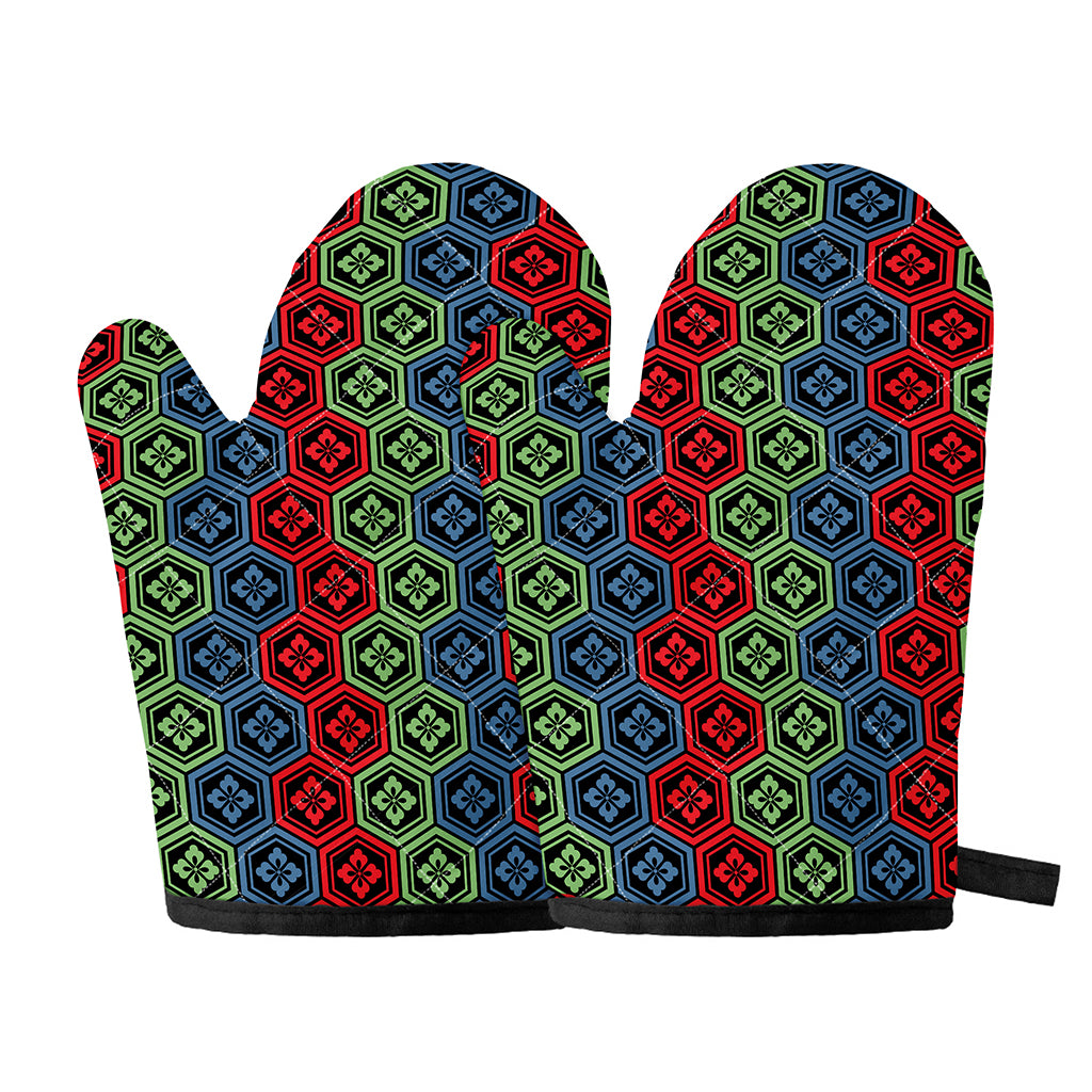 Colorful Japanese Flower Pattern Print Oven Mitts