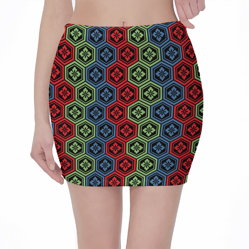 Colorful Japanese Flower Pattern Print Pencil Mini Skirt
