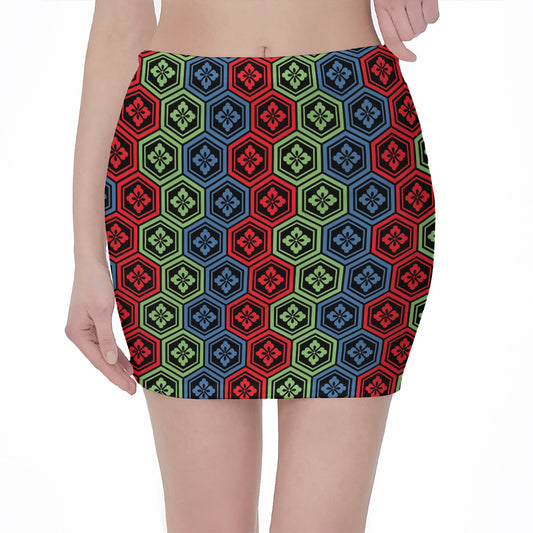 Colorful Japanese Flower Pattern Print Pencil Mini Skirt