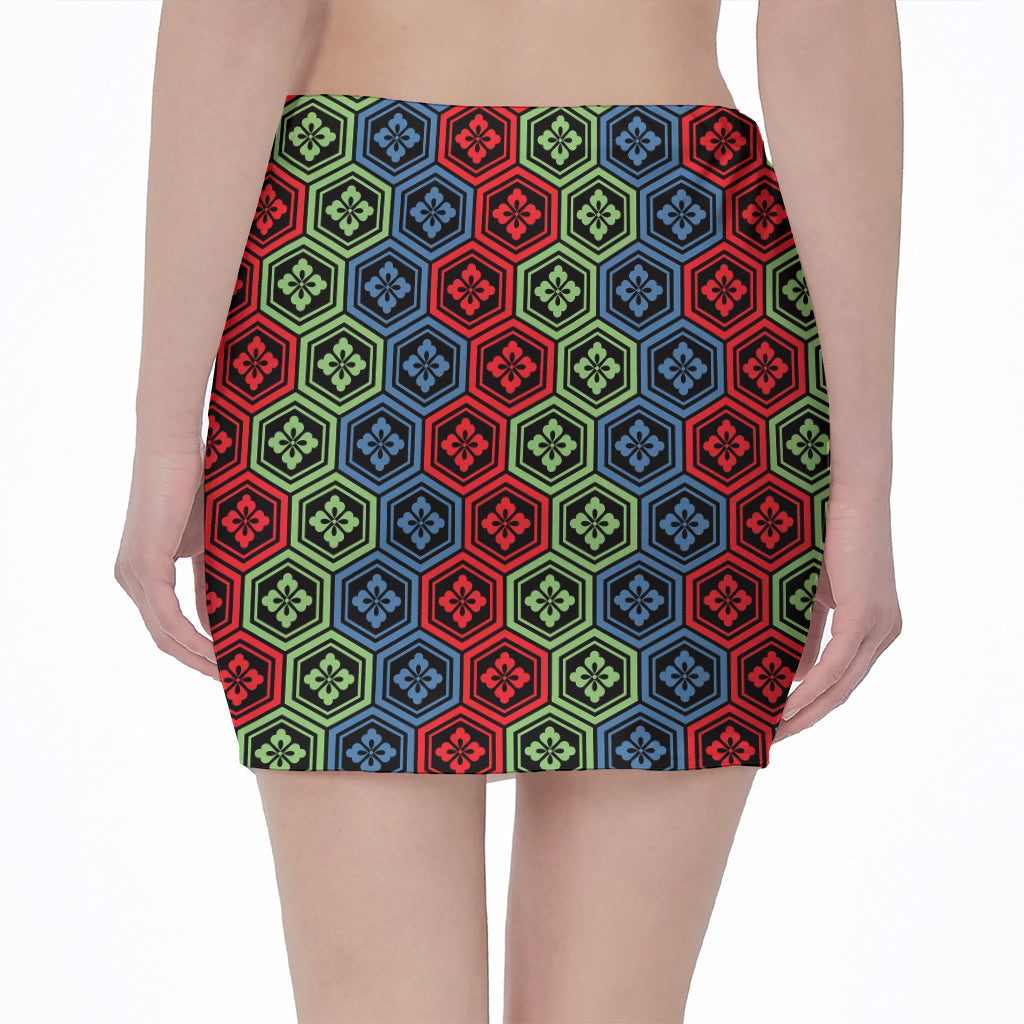 Colorful Japanese Flower Pattern Print Pencil Mini Skirt
