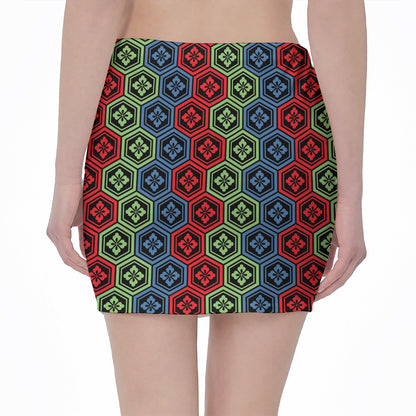 Colorful Japanese Flower Pattern Print Pencil Mini Skirt