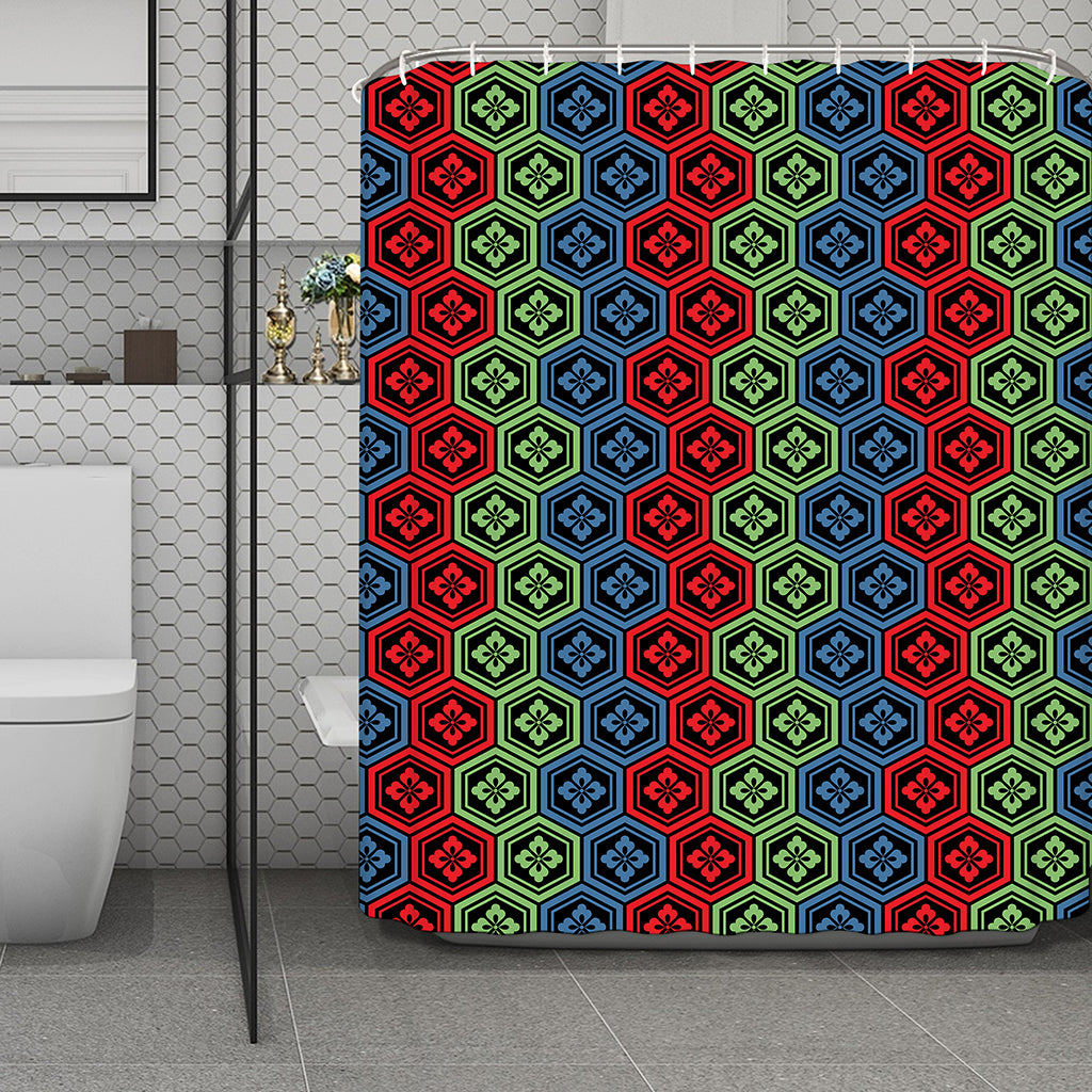Colorful Japanese Flower Pattern Print Polyester Shower Curtain