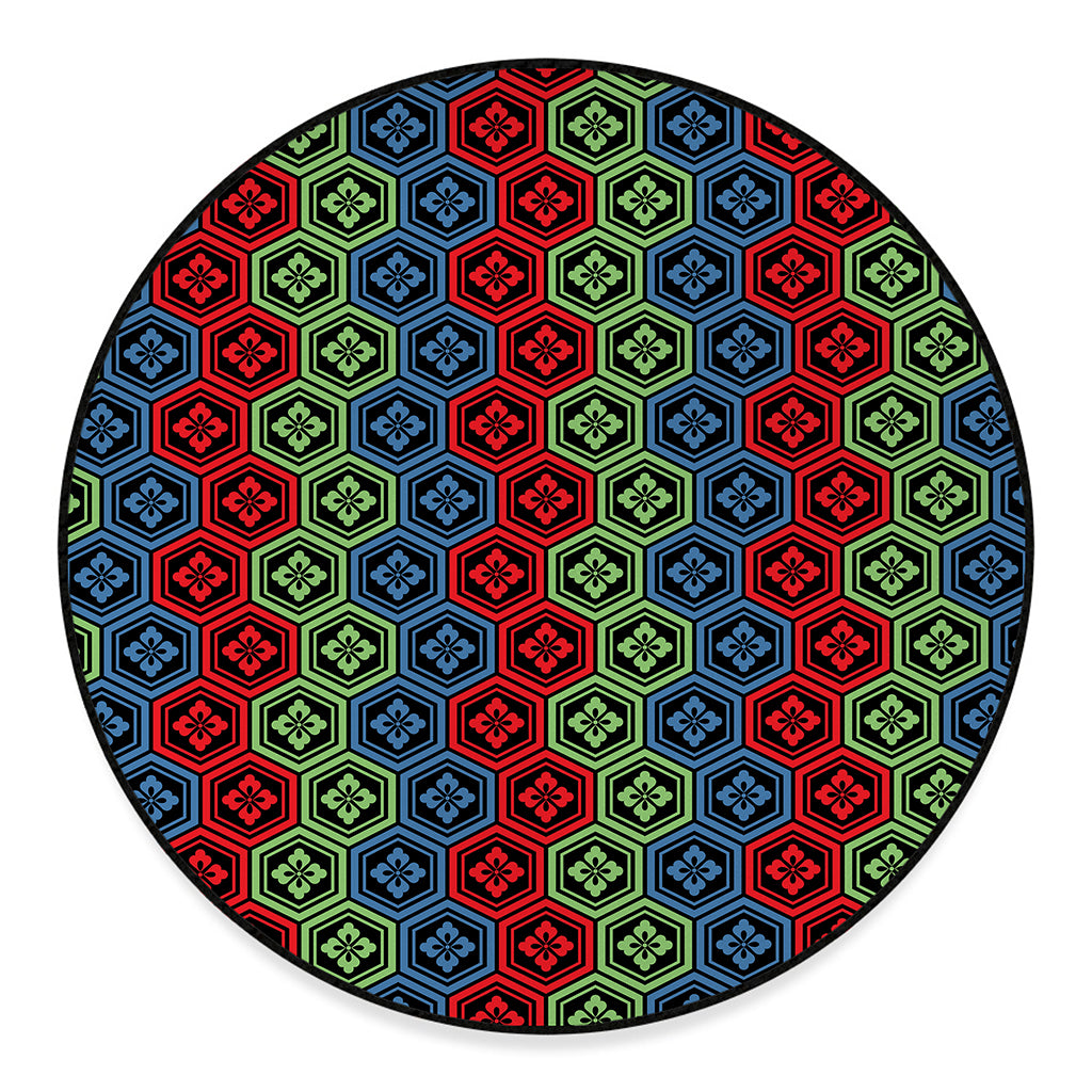 Colorful Japanese Flower Pattern Print Round Floor Mat