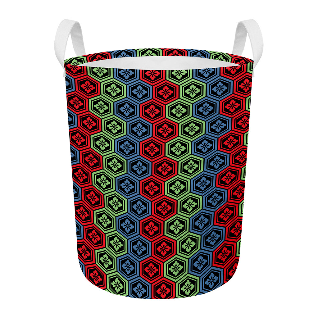 Colorful Japanese Flower Pattern Print Round Laundry Basket