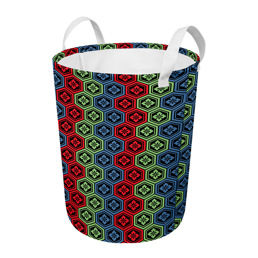 Colorful Japanese Flower Pattern Print Round Laundry Basket