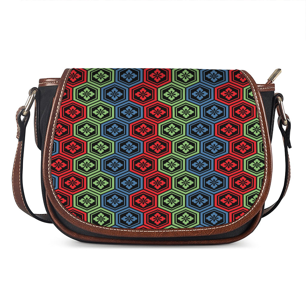 Colorful Japanese Flower Pattern Print Saddle Bag
