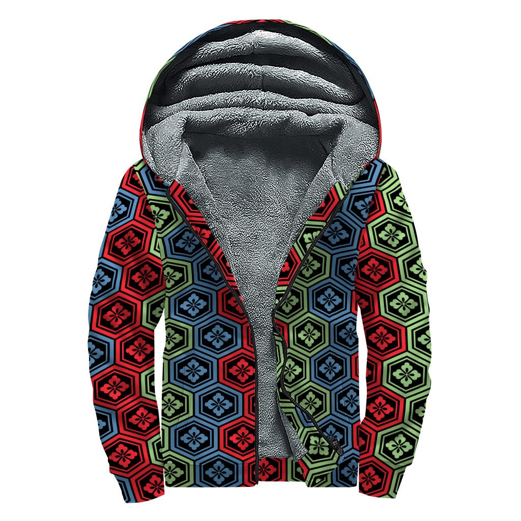 Colorful Japanese Flower Pattern Print Sherpa Lined Zip Up Hoodie