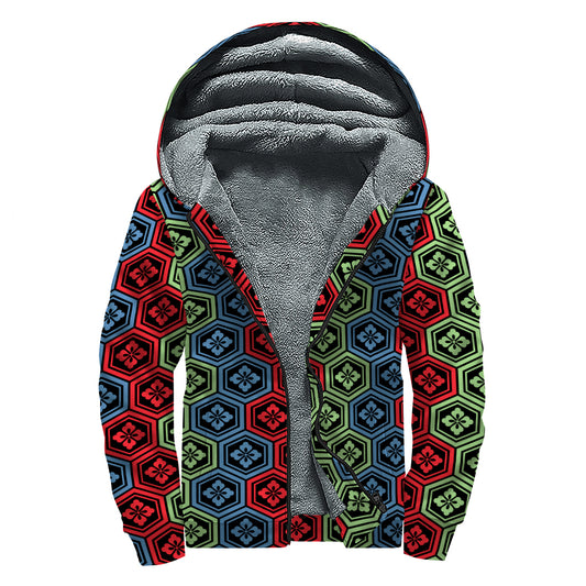 Colorful Japanese Flower Pattern Print Sherpa Lined Zip Up Hoodie