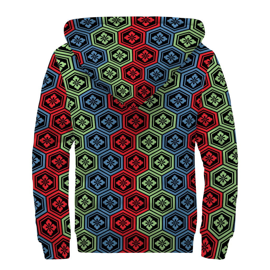 Colorful Japanese Flower Pattern Print Sherpa Lined Zip Up Hoodie