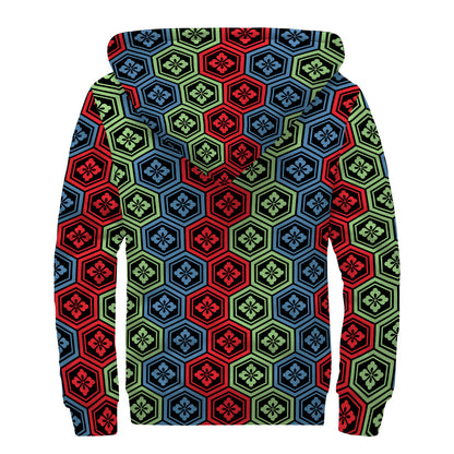 Colorful Japanese Flower Pattern Print Sherpa Lined Zip Up Hoodie