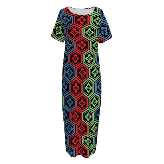 Colorful Japanese Flower Pattern Print Short Sleeve Long Nightdress