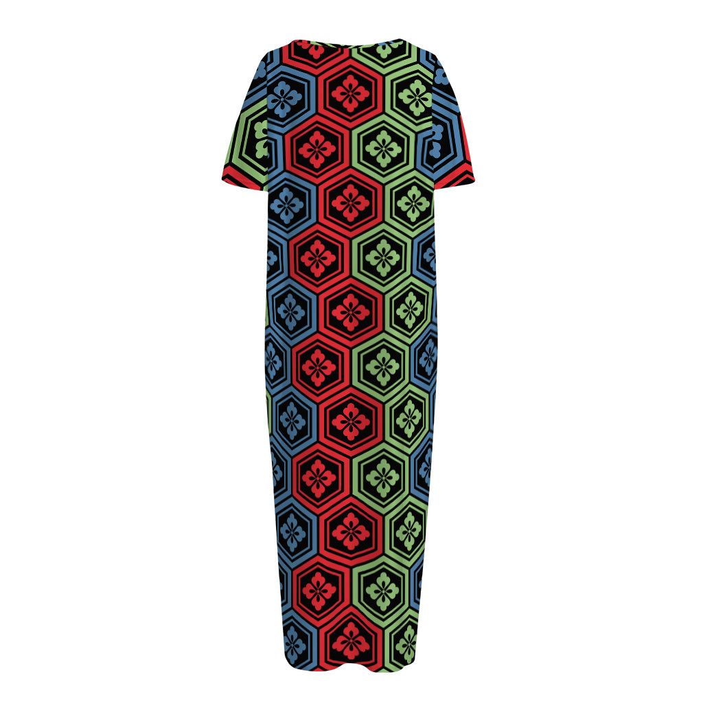 Colorful Japanese Flower Pattern Print Short Sleeve Long Nightdress