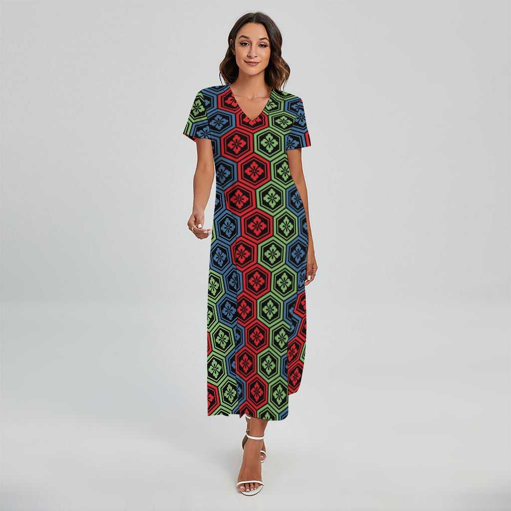 Colorful Japanese Flower Pattern Print Short Sleeve Maxi Dress