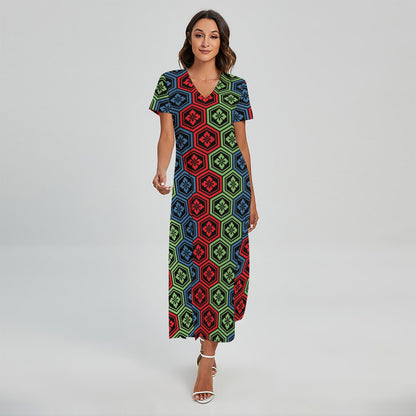 Colorful Japanese Flower Pattern Print Short Sleeve Maxi Dress