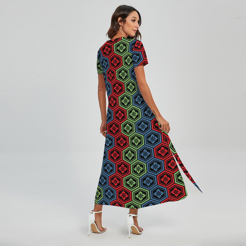 Colorful Japanese Flower Pattern Print Short Sleeve Maxi Dress