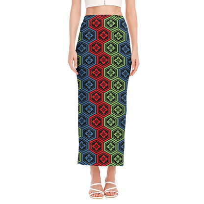Colorful Japanese Flower Pattern Print Side Slit Maxi Skirt