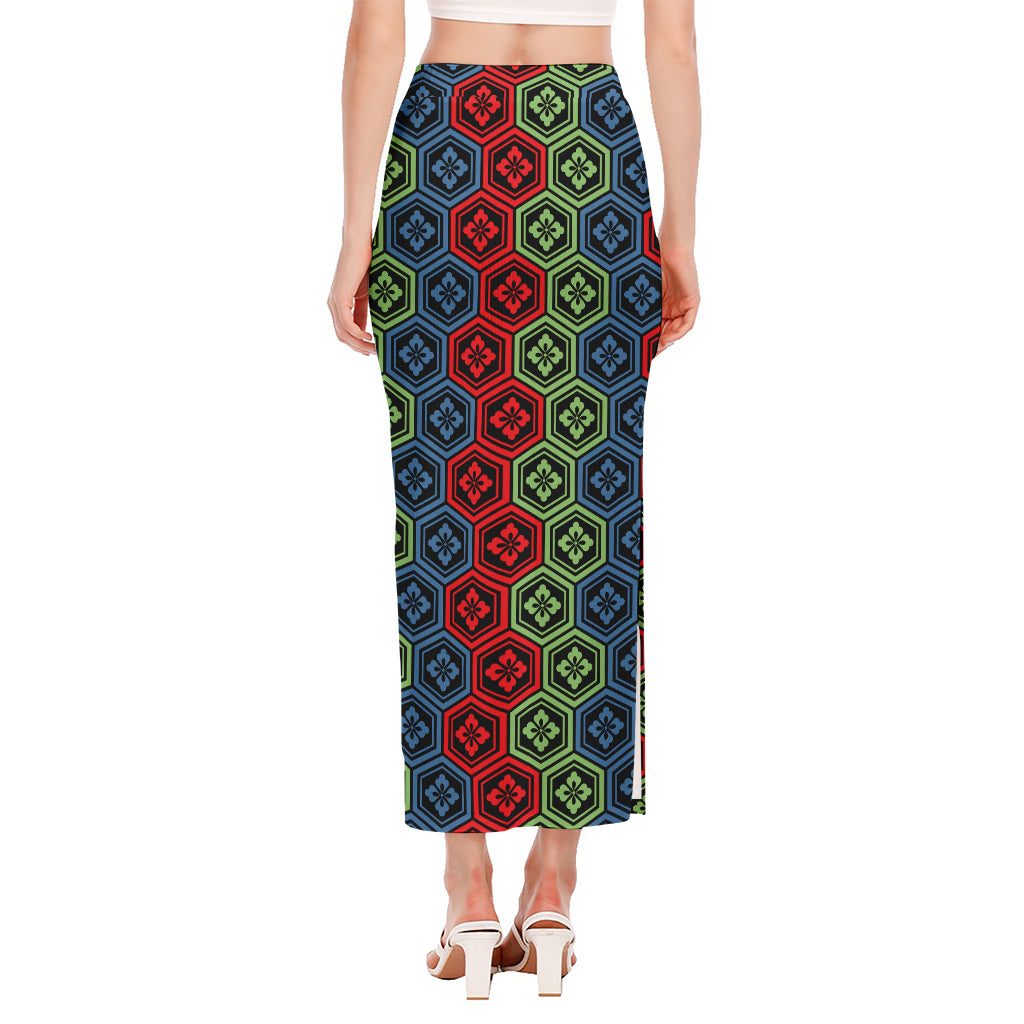 Colorful Japanese Flower Pattern Print Side Slit Maxi Skirt