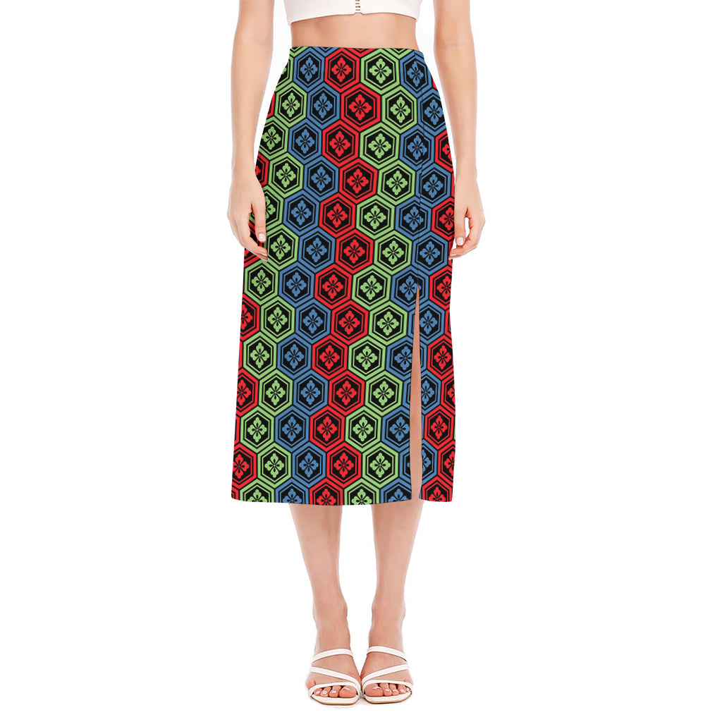 Colorful Japanese Flower Pattern Print Side Slit Midi Skirt
