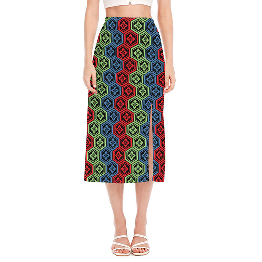Colorful Japanese Flower Pattern Print Side Slit Midi Skirt
