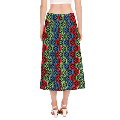Colorful Japanese Flower Pattern Print Side Slit Midi Skirt