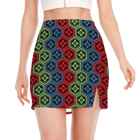 Colorful Japanese Flower Pattern Print Side Slit Mini Skirt