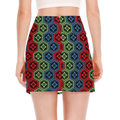 Colorful Japanese Flower Pattern Print Side Slit Mini Skirt