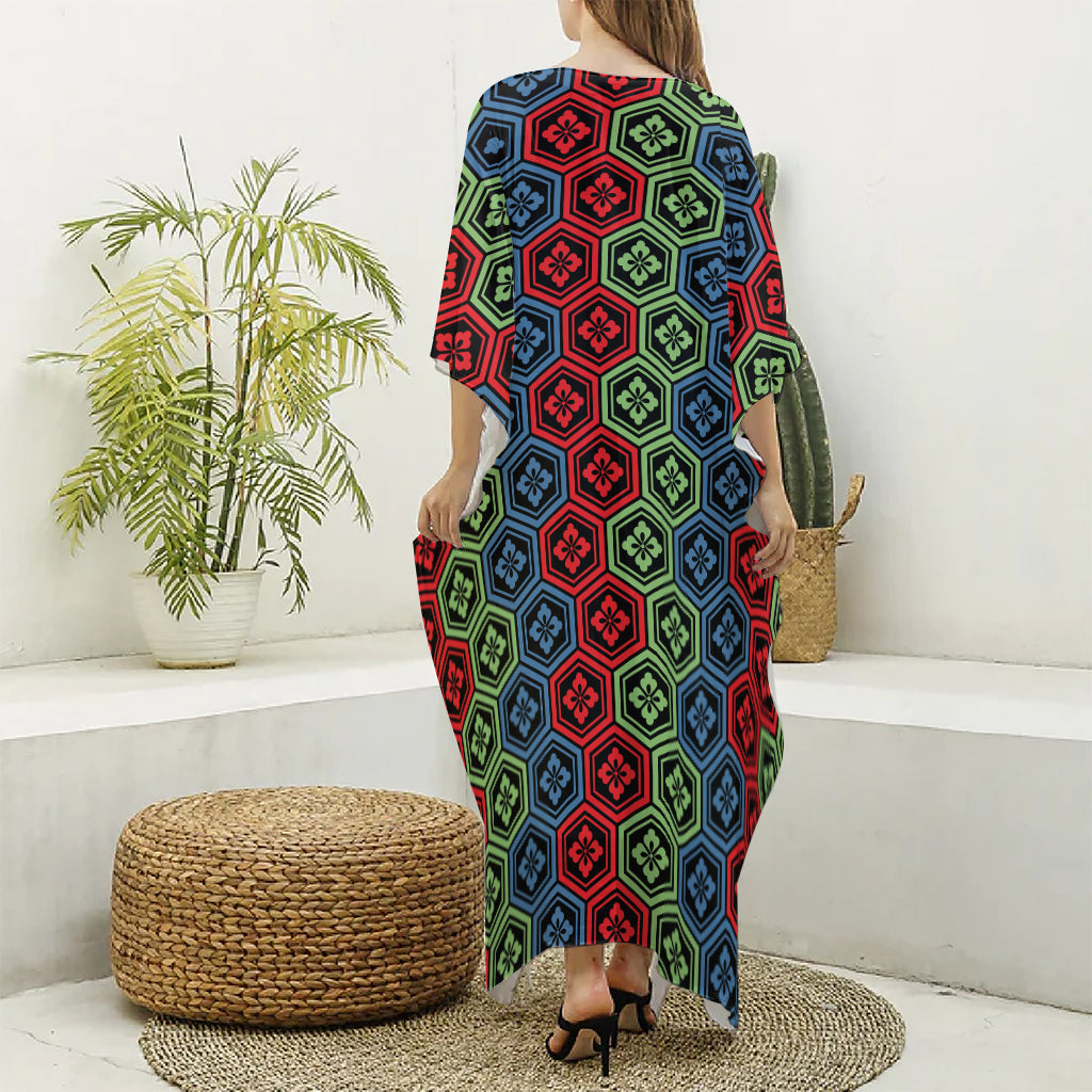 Colorful Japanese Flower Pattern Print Silk V-Neck Kaftan Dress